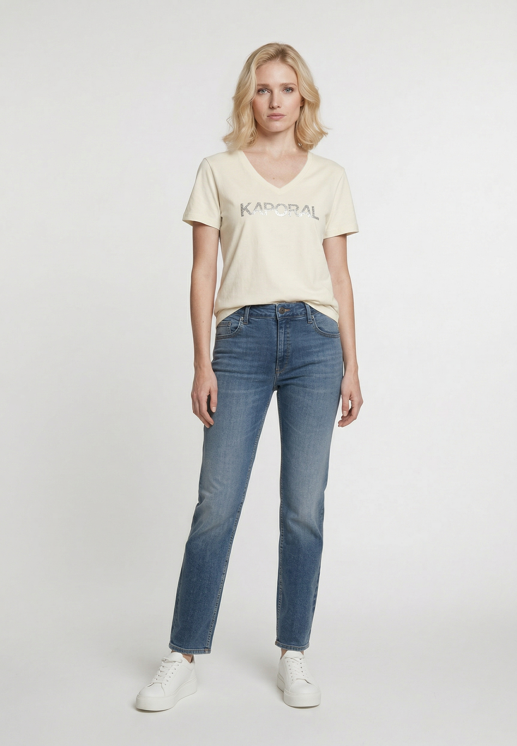 kaporal-seliv-damen-t-shirt-creme-slim-stretch-v-ausschnitt image 1