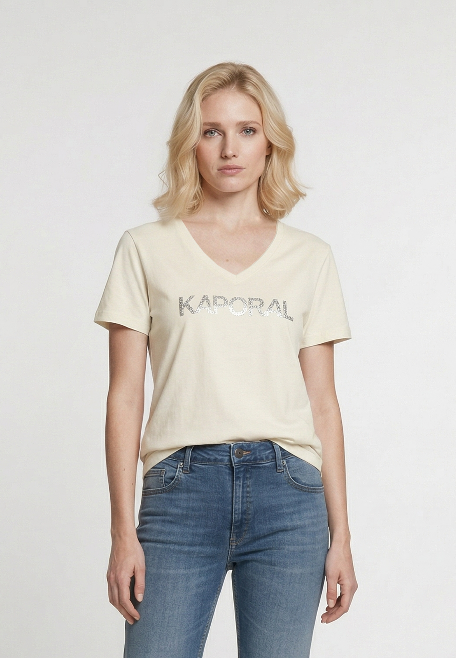 kaporal-seliv-damen-t-shirt-creme-slim-stretch-v-ausschnitt image 2