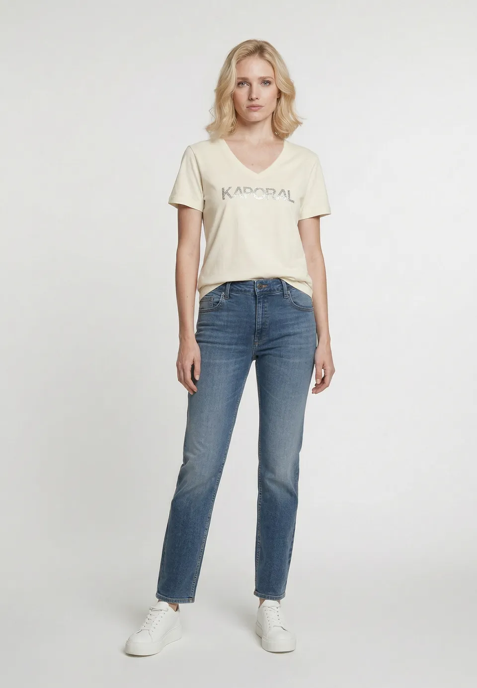 kaporal-seliv-damen-t-shirt-creme-slim-stretch-v-ausschnitt image 1