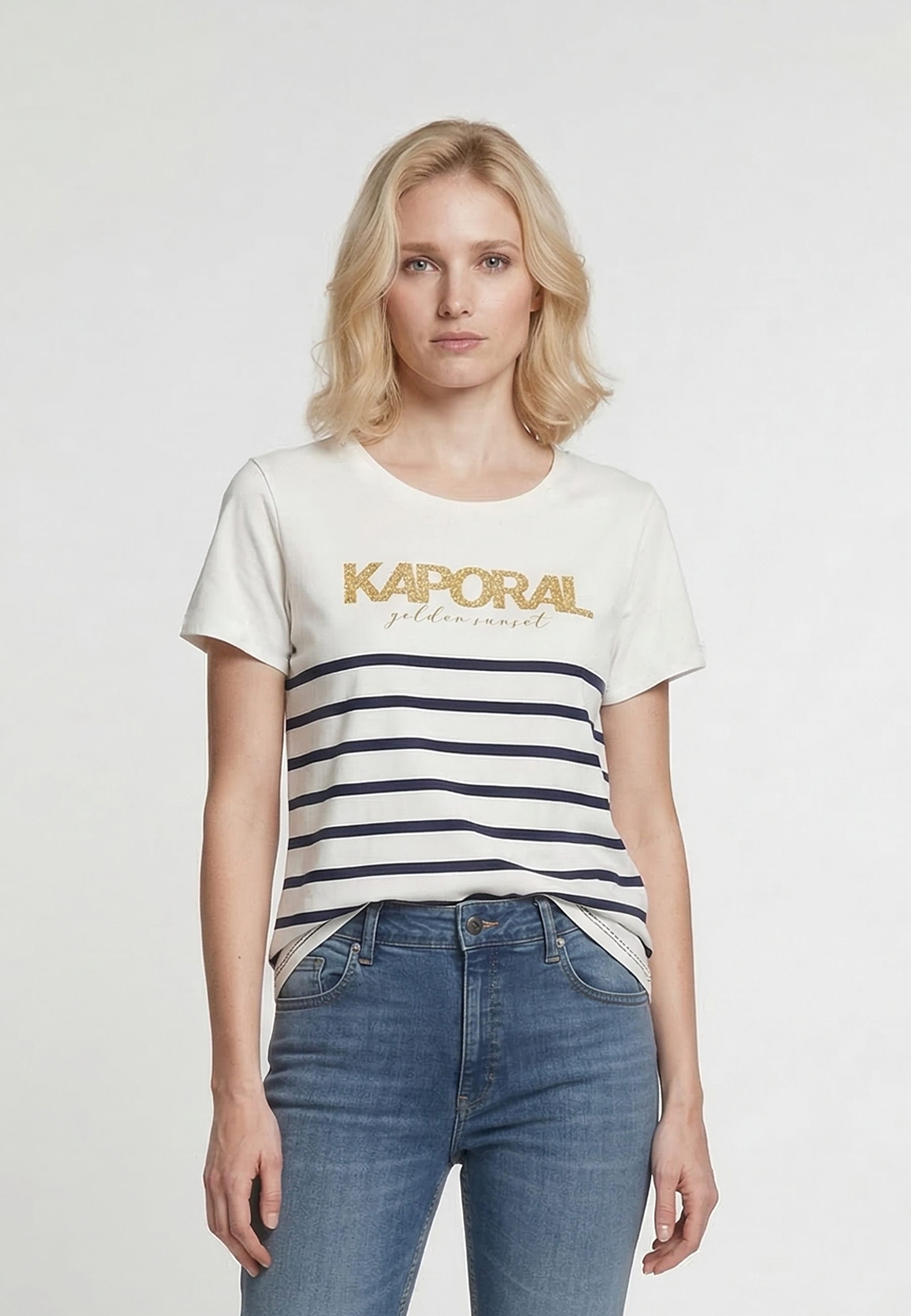 kaporal-kris-damen-t-shirt-slim-gestreift-ecru-baumwolle image 1
